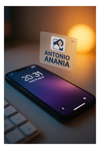 A photo of an iPhone with the message "Antonio Anania" on its screen, both surrounded by soft light and shadow. The phone sits atop a desk with a blurred background that suggests work environment. A faint glow from above casts gentle shadows across the surface of each object, creating depth and highlighting their textures. sticker