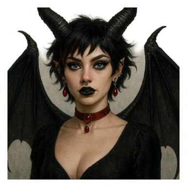 fantasy portrait of Lilith: light skin, short shaggy black hair with red streaks, Maleficent horns, black bat wings, black low-cut dress, red drop earrings and choker, blue eyes with dramatic eyeliner, black lipstick, multiple silver piercings on nose, septum, lip, and ears sticker