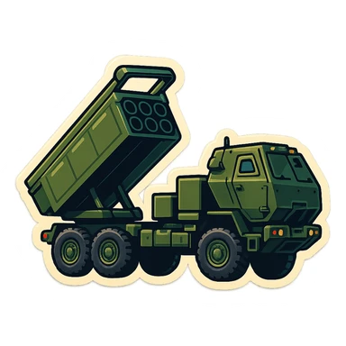 Create an emoji of HIMARS based on the provided photo. Style: emoji, side view, six rocket tubes, cabin, raised launcher, military green color, no background, slightly more cartoonish style. sticker