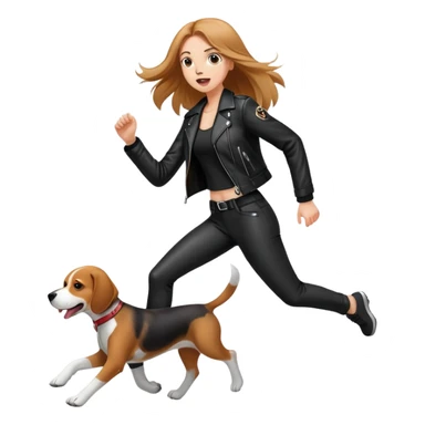 A beautiful tall girl with fair skin and long hair wearing a black leather jacket and black pants running wildly with Beagle sticker