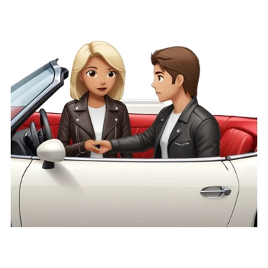 woman standing outside sports car talking to man inside sports car with window down sticker