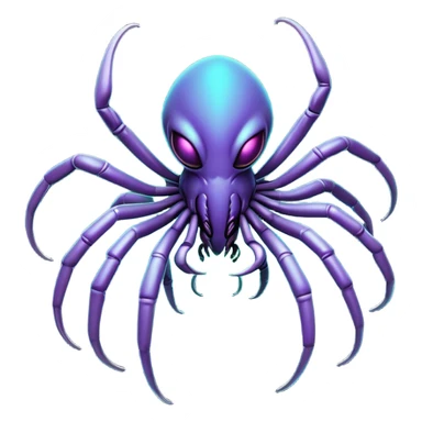 Clash of Clans aesthetic: Cinematic fierce arachnid Alien Emoji, rendered in a 3D vector-style similar to standard emojis with minimal shading and bold, simplified shapes. A compact, isometric, otherworldly creature with insectoid, organic details and subtle, eerie tentacles, softly glowing with a sinister alien charm. Simplified yet unmistakably iconic, highly detailed and consistent, glowing with a soft, spectral radiance and high shine. Stylized with a touch of bio-engineered mischief and a soft glowing outline, capturing the essence of a fearsome extraterrestrial menace with a playful twist! sticker