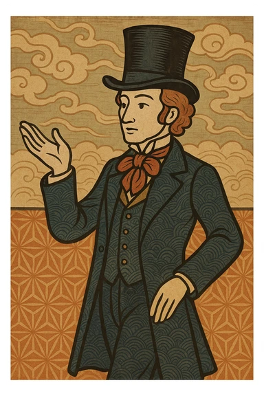 Victorian gentleman with a top hat, arm extended, ukiyo-e style sticker