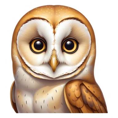 Cinematic Noble Barn Owl Portrait Emoji, Poised and regal, with a slender, graceful build and a striking mottled plumage of whites and browns, deep-set soulful amber eyes, Simplified yet sharp and sophisticated features, highly detailed, glowing with a soft, dignified glow, high shine, intelligent and mysterious, stylized with an air of nocturnal wisdom, focused and attentive, soft glowing outline, capturing the essence of a watchful and confident fowl, so majestic it feels as though it could silently glide out of the screen with effortless authority! sticker