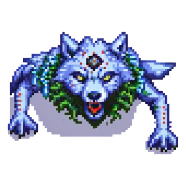 pixel art wolf with 6 eyes and 12 arms in a dynamic action pose sticker