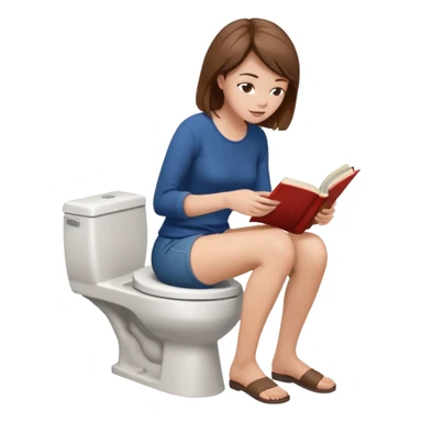 A woman is sitting on the toilet, her pants are pulled down and she it reading a book. Side view sticker