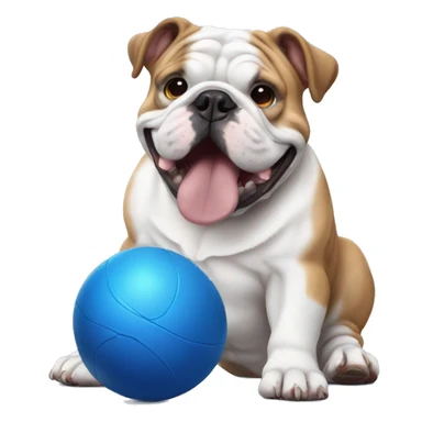 English bulldog playing with big blue ball sticker