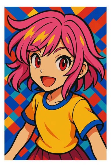 Try a new hairstyle, keep pink hair and red eyes, vibrant anime style. sticker