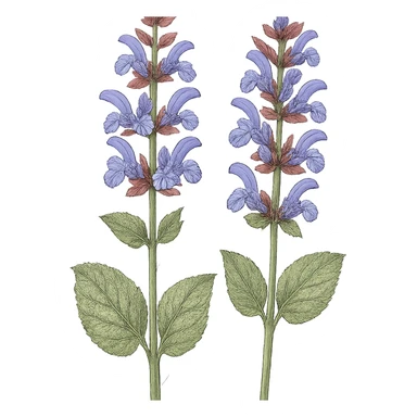 pair of clary sage stems, blueish purple flowers, no container, botanical illustration, isolated sticker