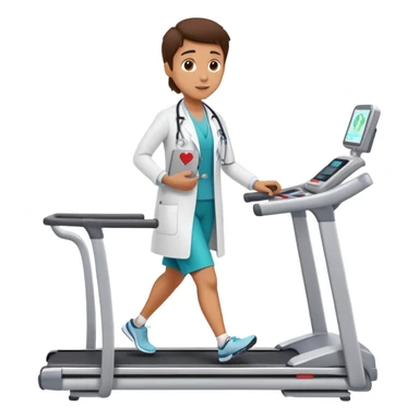 patient on a treadmill, doctor with clipboard supervising, heart monitor in background sticker