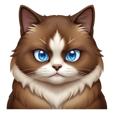 Cinematic Grumpy Brown Mantle Snowshoe Cat Portrait Emoji, Head tilted slightly with a deeply unimpressed expression, rich brown fur blanketing its back, contrasted by its signature white paws, chest, and face, piercing icy-blue eyes narrowed into an unamused glare, Simplified yet comically expressive features, highly detailed, glowing with a dry, sarcastic glow, high shine, effortlessly judgmental yet dignified, stylized with a touch of cynicism, bright but brooding, soft glowing outline, capturing the essence of an eternally unimpressed yet endearing feline, so lifelike it feels like it could sigh heavily at you in disdain at any moment! sticker