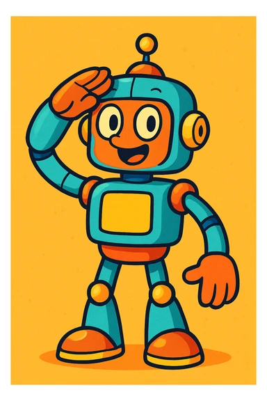 a robot giving a salute, fun cartoon style, vibrant colors, playful expression sticker