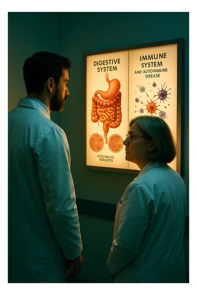 Realistic, detailed photo taken from behind of two doctors—a bearded man and a middle-aged woman—standing side by side in a modern medical office, intently studying a large, illuminated medical chart on the wall. The chart displays a detailed diagram of the human digestive system, highlighting the intestines and showing microscopic images of intestinal parasites. Next to it, another chart illustrates the immune system attacking healthy tissues, visually connecting gut parasites to autoimmune disease mechanisms. The room is bathed in a single green-blue color, with a warm, yellow-orange light casting soft shadows around the doctors. Both wear white coats and have serious, focused expressions, suggesting a deep discussion about the root causes of autoimmune conditions. Shot with a Canon EOS R5, with high detail, natural depth of field, and a clinical yet dramatic atmosphere. sticker