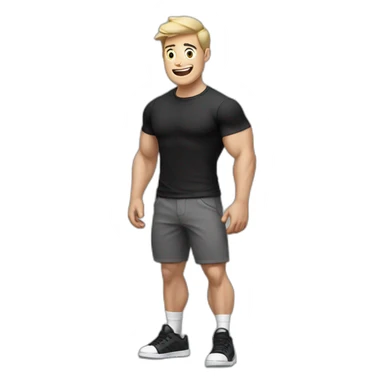 amazed Open with surprise mouth Pale skinned Fit Man With the biceps and dark brown hair in black shirt, gray sports shorts and white Sneakers sticker