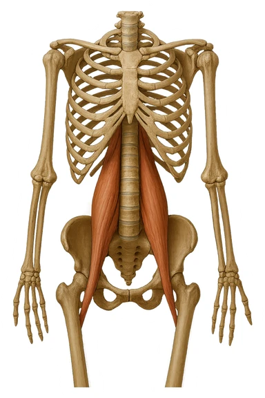 fai un immagine identica che riguarda IL MUSCOLO PSOAS i in evidenza (anatomicO) con colori naturali di un corpo umano. falla iperrealistica anatomica in 4k sticker