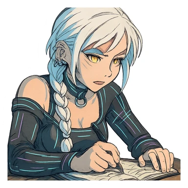  she is scribbling furiously in a notebook, a closeup portrait of young woman with gold yellow eyes, white hair, long braid, black off-shoulder top d-cup, punk gothic style, futuristic cyberwave cyberpunk, sitting position
 sticker