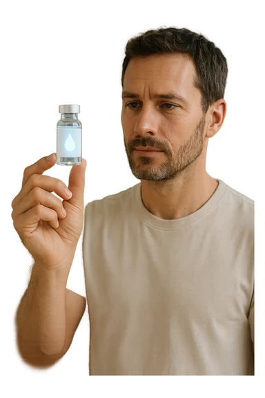 A realistic, high-quality cinematic photo of a health-conscious man in his late 30s holding a small clear glass vial filled with structured, informatized water used in kinesiological treatments. The man is standing in a bright, clean holistic therapy studio with wooden furniture and plants, looking at the vial with a focused, hopeful expression. The vial has a minimalist label with a water droplet symbol, glowing softly to symbolize its informational energy properties. The atmosphere is calm, professional, and filled with natural light, conveying the holistic, gentle yet advanced nature of kinesiological practices sticker