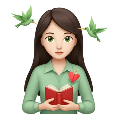 Gentle woman with fair skin, long dark brown hair, green eyes, light green blouse, holding a book to her chest. Surrounded by a heart, paper crane, leaves, and candle. Waist-up, front-facing sticker