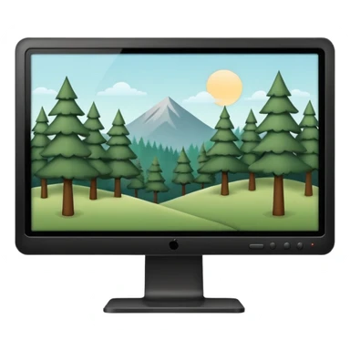 Minimalistic flat vector icon, iOS style, thin black contour on white background. Computer monitor with a simple forest scene on the screen (trees, minimal landscape). Clean, no text, no shadows sticker