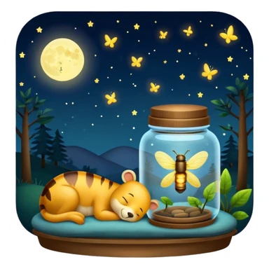 firefly jar used as night lamp beside sleeping critter sticker