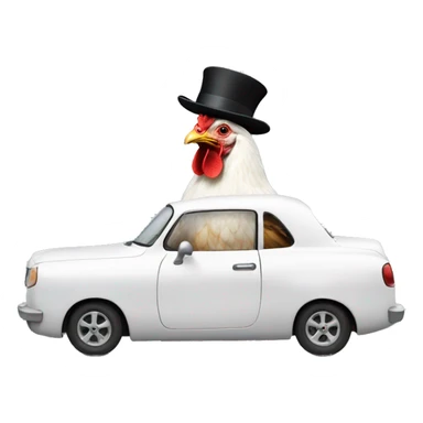 Chicken in a white race car wearing a top hat sticker