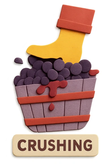 Create an icon representing the 'crushing' step in wine making, showing grapes being crushed more clearly and distinctly. Use a paper craft style with a new composition different from the original image. The background should be transparent with no background elements. sticker