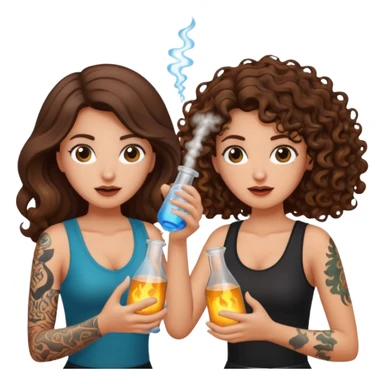 wrong mixture — long wavy brown hair tattooed woman and short tight curly brown hair woman — panic holding glowing flask sticker