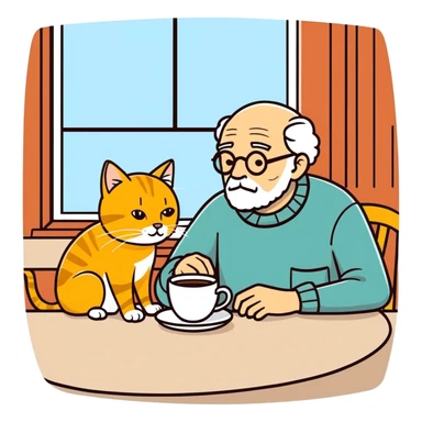  old blind man having coffee at the table ￼ with his golden cat  sticker