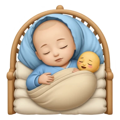 sleeping Asian baby boy swaddled, wooden crib, emoji style sticker