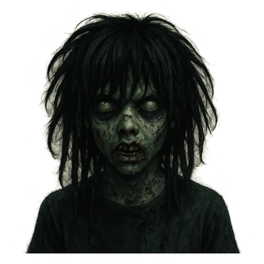 boy zombie with medium-long black dreads, emo and shaggy hairstyle, dark and spooky atmosphere, creepy expression sticker