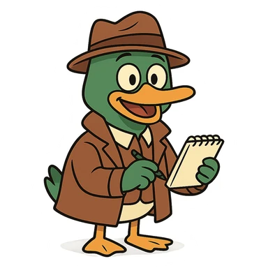 adorable mallard duck detective, with a brown hat and coat, holding a notepad, cheerful expression, illustrated style sticker