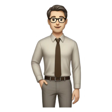 Full height Pale skinned fit man with dark brown hair in gray jacket, beige office shirt, brown tie, brown pants and vintage glasses. His right hand stretched out sticker