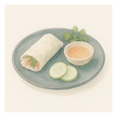 soft watercolor illustration in a minimalist, modern style, elegantly plated Vietnamese traditional dish on a dark ceramic plate, ambient restaurant lighting, pastel colors, delicate linework, gentle whimsical mood, minimal soft shading sticker