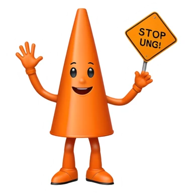 orange traffic cone with legs dancing with sign in his hand saying “stop using ai” sticker