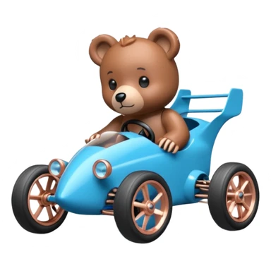 dar crystal blue and rosegold-accented rc racing car driven by a small cute Freddy bear with rear spoiler, safety cage, and wheely bar sticker
