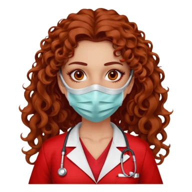 Sensual Spanish Lilith core evil surgeon.red outfit.  Surgeon has hazel eyes. Her hair is BROWN. Hair is also  long and  curly. wearing a sexy surgeon outfit with platform  heels.she is a calculated killer. She covers only her mouth and nose with mask to hide identity sticker
