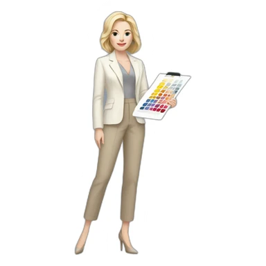 Full height pale skin woman with blonde Straightened bob Hair, White classical jacket, beige Arrow pants and gray blouse holding a color palette in the hands sticker
