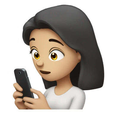 A girl with white skin and dark hair, with a sad face, holding her phone in her hand and typing a message, a message cloud on the side of it sticker