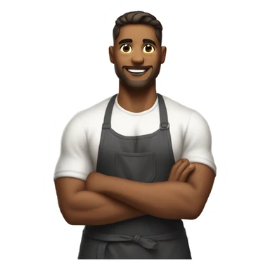 Handsome strong man in kitchen with apron sticker