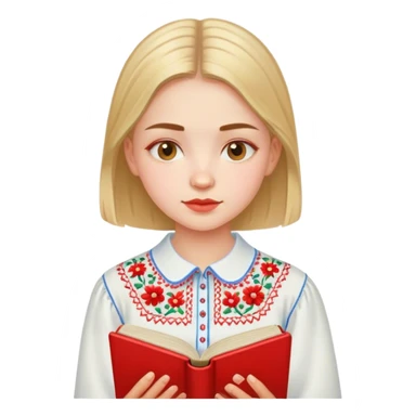 A Ukrainian girl in an embroidered shirt reads a red book sticker
