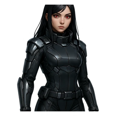 dark-haired, red-eyed girl in a high-tech officer outfit with metallic details, futuristic, sleek, sci-fi style sticker