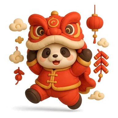 cute panda wearing red and gold Tang suit performing lion dance, head wearing red and gold lion head, both hands holding lion head jumping, background with golden firecrackers, lanterns and auspicious clouds, main color bright red with gold details, rich New Year atmosphere, cushion style sticker
