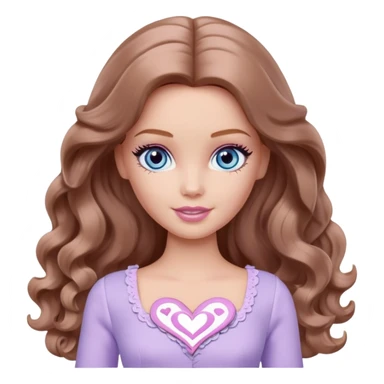 There are grey hearts all around Barbie girl Chestnut long wavy hair and blue eyes is In pale purple clothes sticker
