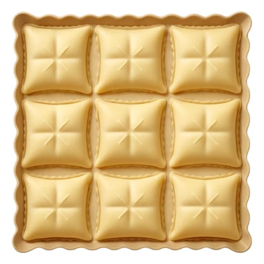 ravioli sheets small square pale yellow dough crimped edges central bump for filling smooth matte flour dusting loose overlapping scatter raw ravioli soft lighting emoji scale sticker