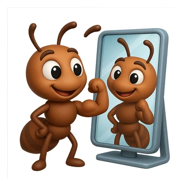 EMOJI STILE IPHONE 3D DI una formica che si guarda allo specchio felice e sicura di sè mentre contrae il suo bicipite muscoloso, fagli anche la parte bianca degli OCCHI, non solo la pupilla sticker