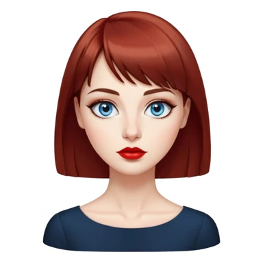 Creative woman with fair skin, oval face, striking blue eyes with dark eyeliner, thin eyebrows, small nose, full lips with bright red lipstick, dark auburn hair with straight bangs, wearing an elegant black blouse, artistic expression sticker