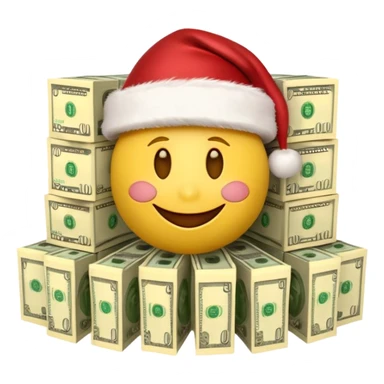 A festive 3D emoji style yellow smiley face wearing a Santa hat, surrounded by stacks of cash and dollar bills, joyful expression, Christmas and New Year theme, high quality, clean design, studio lighting, no text, no background, isolated object, transparent background, emojis.com style sticker