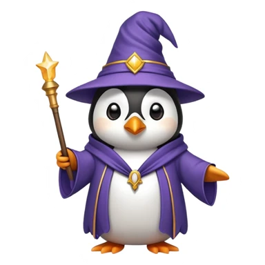 penguin wearing a wizard hat and robe, holding a magic wand sticker