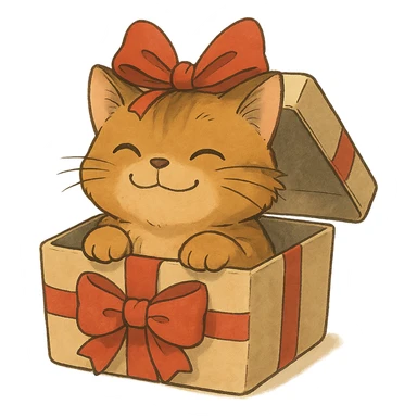 cat inside a gift box with a ribbon on head, smiling, soft Ghibli style sticker