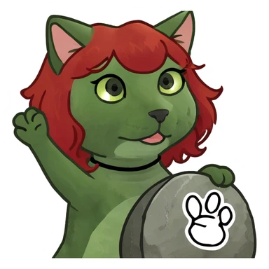 tan curly red haired cat wig with y2k clothing pulling up a rock star symbol with her paw sticker